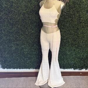 Vintage 90s Chic Ivory Crochet Two-Piece Set with Flared Pants